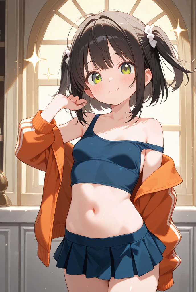 masterpiece,natsuiro matsuri,1girl,white skirt,orange jacket,black camisole with light green ribbon,green hair ribbon,open shoulder,navel,ahoge,brown hair,green eyes,side ponytail,small breasts,flat chest,evil smile,holo live, bottomless, masturbation