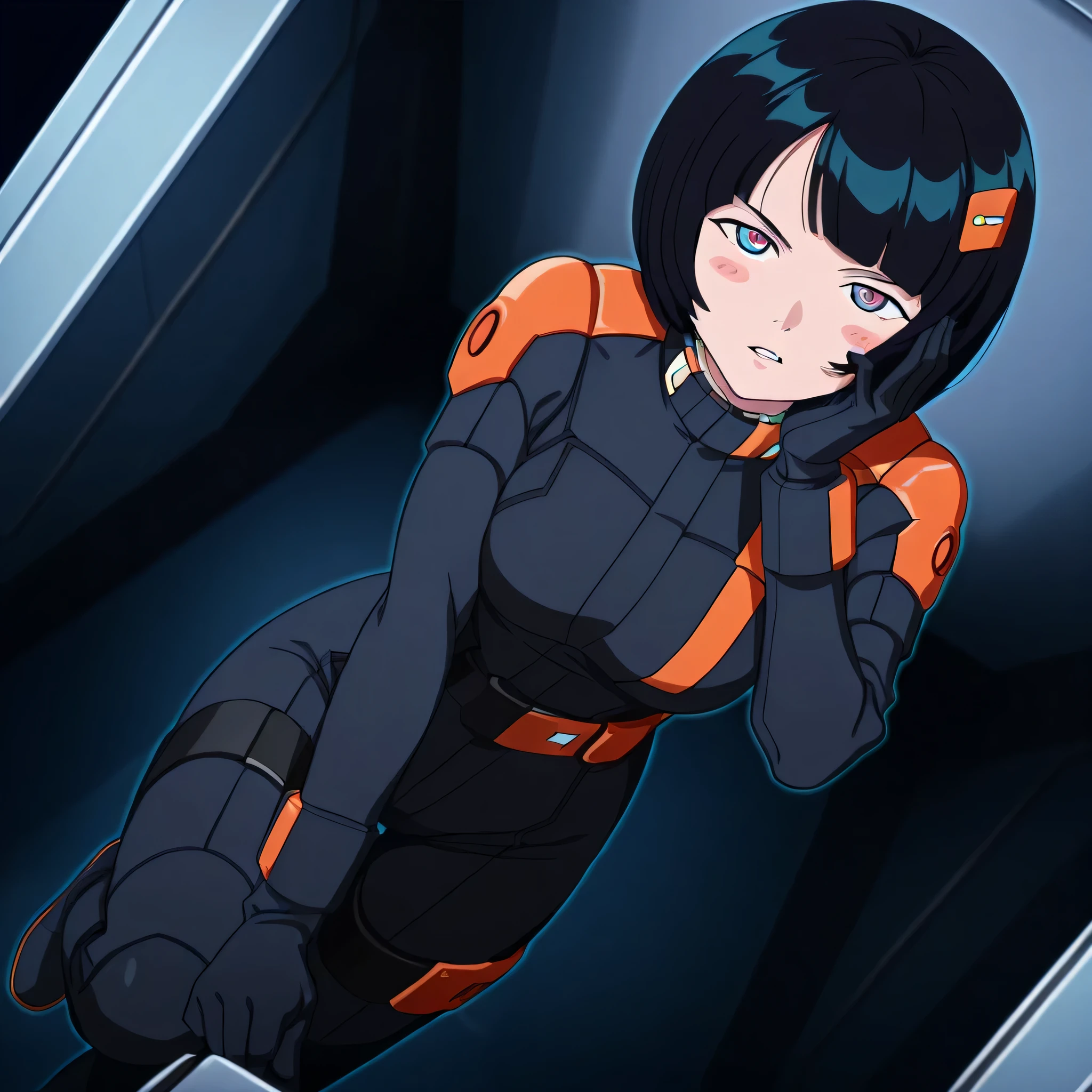 ultra-High resolution, score_9,score_8_up,score_7_up,score_6_up,score_5_up,score_4_up, BREAK, source_anime, anime screencap, uncensored, rating_explicit, Masterpiece, curvy, dark persona, looking at viewer, Fighting Stance, (((solo, 1girl))), hair ornament, (((zabiarov, pilotsuit, black pilotsuit, pilot gloves, pilotshoes))), ZetaGBTT, seductive pose, submissive pose, interior spaceship, large breast, shiikosugai, short hair, multicolored eyes, blue eyes, black hair, bob cut, bangs, blush stickers, blunt bang, SHIIKO1, hand on own face, dutch angle, teeth, parted lips, helmet