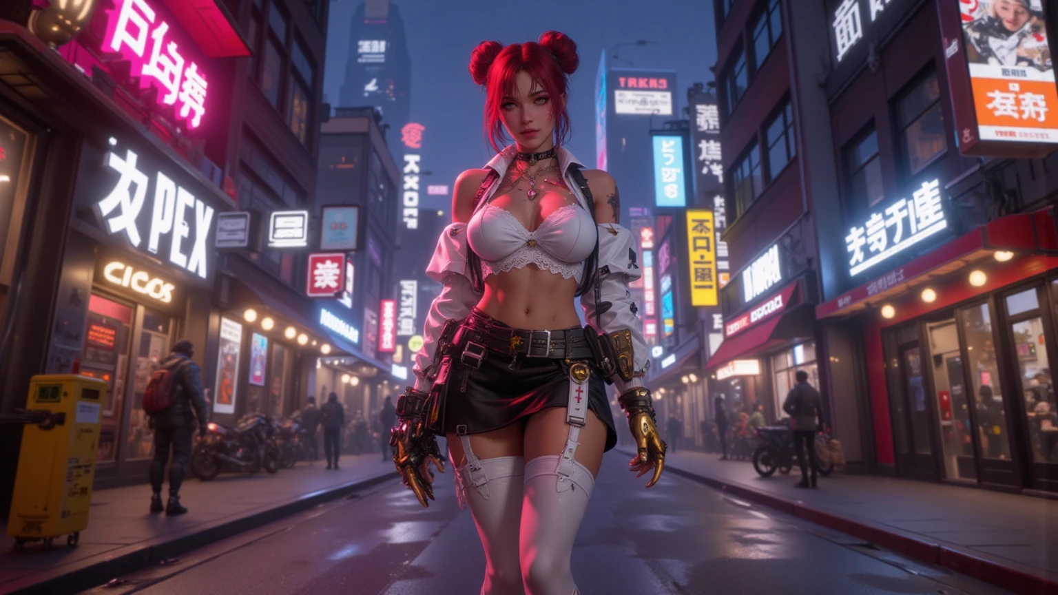 ((best quality)), (detailed), 1 brutal women, 8k_wallpaper, extremely detailed eyes, (large masterpiece digital art), (intricate details:1.3 ), (ultra-detailed:1.3), (sharp focus:1.3), (natural lighting:1.05), (vivid colors:1.3), (best quality:1.4), expressive eyes, full body, detailed face, beautiful face, perfect face, ((hair black curls)), ((blue horns)), (gold eyes), {{dark skin}}, ({dark skinned female}), (), huge chest, big wide ass, powerfrelief muscles of the abdomen and legs, powerful strong muscles of the arms, a predatory aggressive smile with many fangs and a cruel predatory gaze, dressed in an open white coat with rolled up sleeves, a translucent dark blue crop top through the fabric, the clear outlines of large pointed nipples are videnim mini-shorts, leather gloves, steel bracelets, a large hiking backpack, walks through the city at night against the backdrop of neon signs advertising and labels of adult establishments, against the backdrop of bars and brothels, in the style of cyberpunk and rock and fantasy of the distant future,