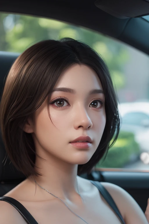 A 40 years old lady, black stylish layer hair, brown eyes, big boobs, east europa style, 3d, pixar, disney style, lawyer, driving her car, smile but stressed, thinking about something!