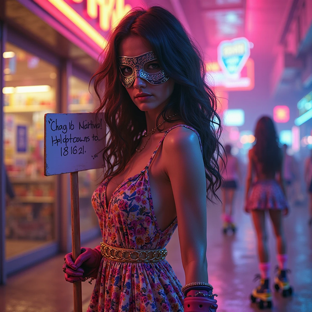 A 90s lady wearing a ((cyberpunk:1.5) retro pink gradient purple sci-fi dress with ruffles:1.3), full body, lady sitting on a pink and purple vintage-futuristic motorbike, (in a cyberpunk city with 80s colours and patterns:1), (8-bit graphics in the city advertisement billboards and posters:2), (cassette tape neon light with cyberpunk mix:2), 