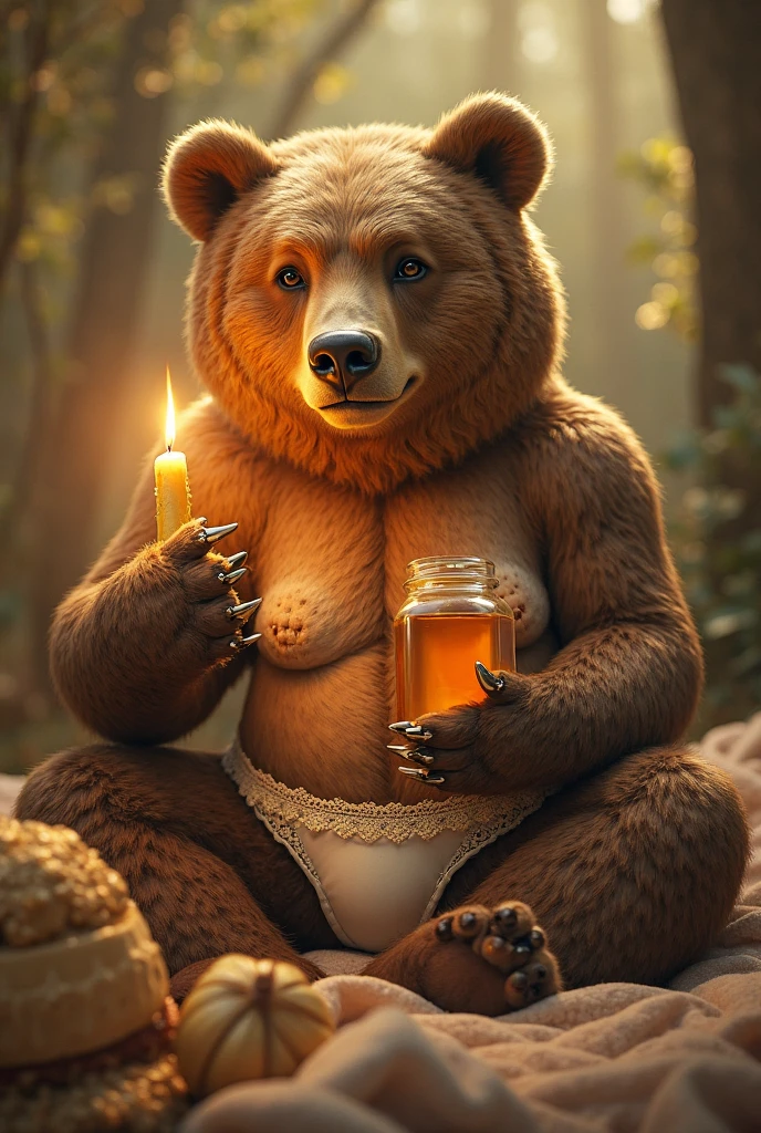 (by ozoneserpent:1.1, by Kenket:1.4, by the-minuscule-task:1.2, by zummeng:1.0):1.3, (anthro black bear, woman, breasts, antrum, extremely detailed, extremely detailed legs, extremely detailed arms, extremely detailed face, perfectly detailed eyes, perfectly detailed anatomy):1.2, solo, perspective, adult, mature body, large body, curved thighs, gorgeous hips, curvature, (cute tail), (bear ears, bear fur, anthro face, bear nose), smiling, thick fur, pure black fur, au natural, half-closed eyes, sly expression, looking slyly at you, thigh focus, below perspective, front shot, reclining, showing off to you, spread legs, tongue out, winking, in the woods, being sly, beautiful brown eyes, outdoor setting, dark, Halloween, night time, smoke, moon rays filtered through trees, candles around body, candles in circle, painterly, vibrant colors, traditional style, depth of field, bear claws, five fingers,