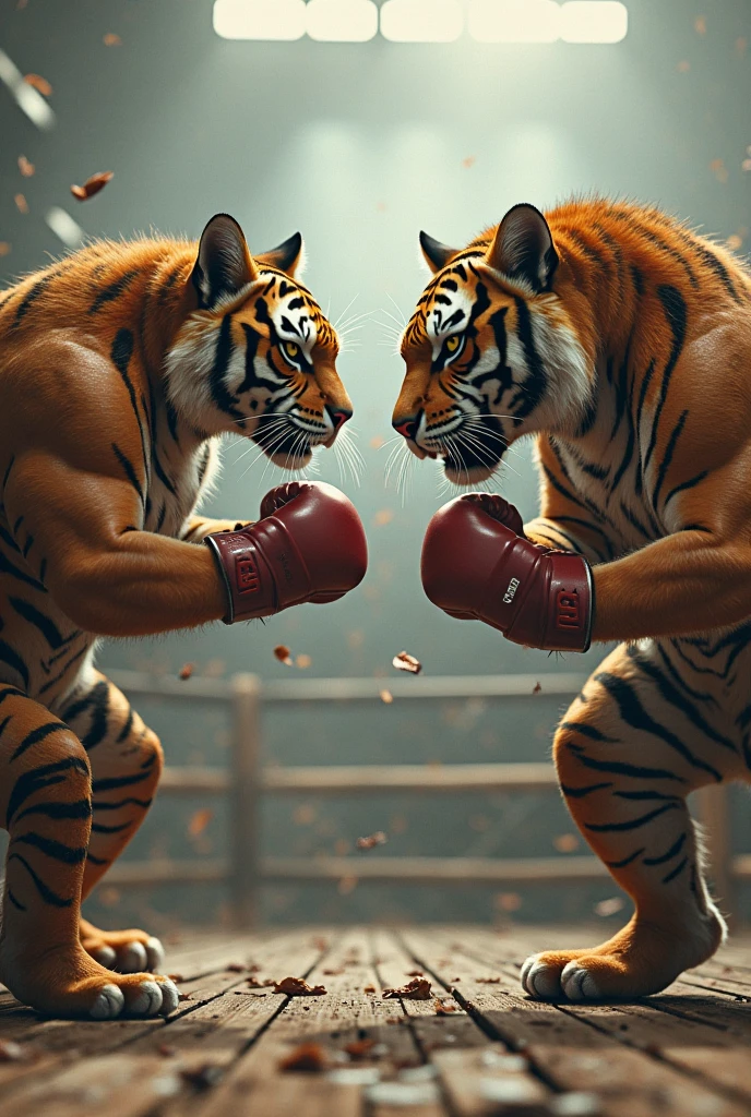 "Epic anthropomorphic boxing match: a muscular cat in medium red pants, on his raised hands a sleeping tiger, amazement." 8k, high resolution