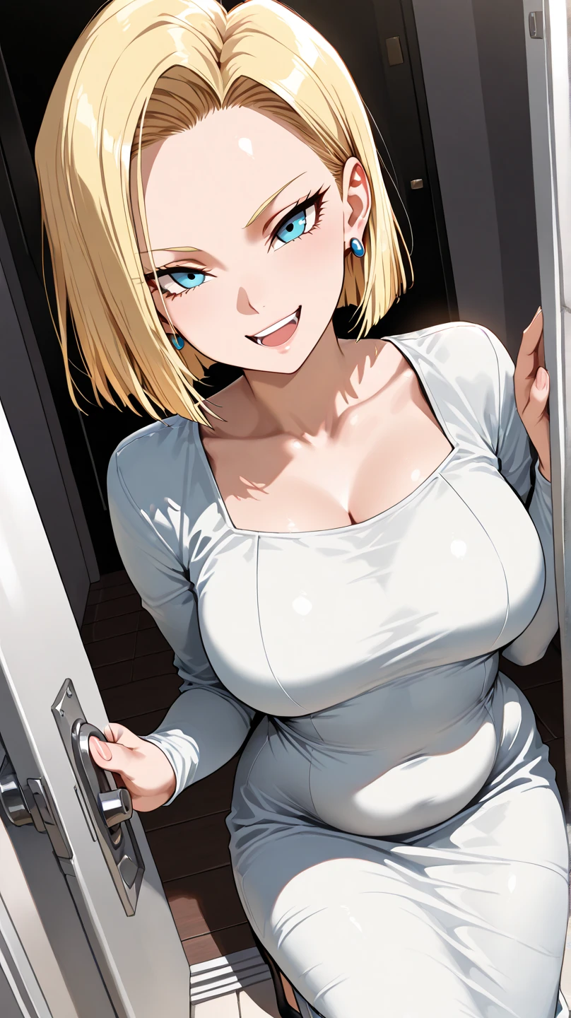 1girl, solo, breasts, looking at viewer, blush, smile, short hair, open mouth, bangs, blonde hair, large breasts, shirt, hair ornament, cleavage, standing, collarbone, white shirt, short sleeves, :d, teeth, pants, indoors, leaning forward, upper teeth only, thigh gap, x hair ornament, denim, jeans, door, blue pants, open door, doorway, pov doorway