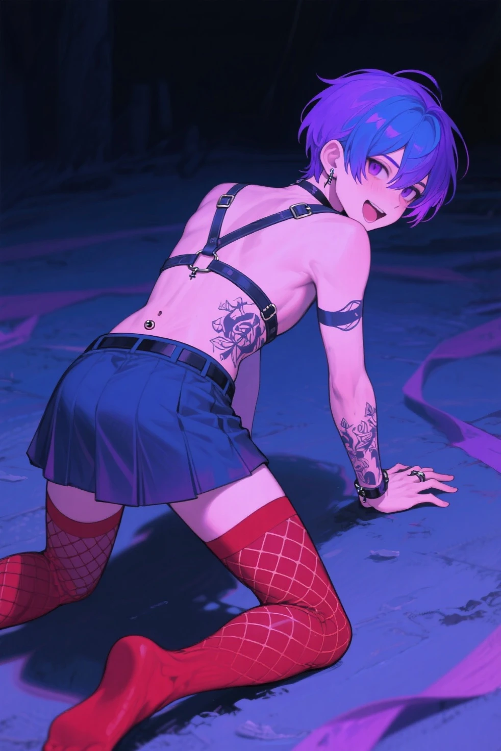 ((femboy)) he has hair ((off white)) messy, an upward-pointing strand and messy bangs, Ele tem olhos azuis, fair skin and flushed cheeks. He wears gloves that cover the wrist to the elbow, they are off white with pink tips, On the side of his shoulder he has a pink butterfly tattoo with blue edges. He wears a black sleeveless outfit that hugs his body.., with a heart on the chest and a purple and pink color palette., he wears white pants connected to tight clothes. He's on all fours, lain, anal sex, Ahegão, Making the peace symbol with your hands, sitting on a man'Lap, anal sex, enjoying