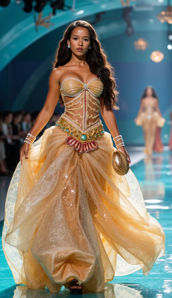 nsfw, 8k, best quality, highres, realistic, real person, A dynamic scene of a female model walking confidently down a runway, surrounded by a large audience under bright lights. The model is elegantly dressed in a high-fashion outfit, with the spotlight focused on her. She exudes confidence and grace as she strides forward. The audience is captivated, and the atmosphere is vibrant and glamorous, capturing the essence of a high-end fashion show. Turquoise jewelry, denim shorts, ankle boots, Big breasts, cleavage, beautiful legs, long beautiful legs, beautiful waist, exposed belly button