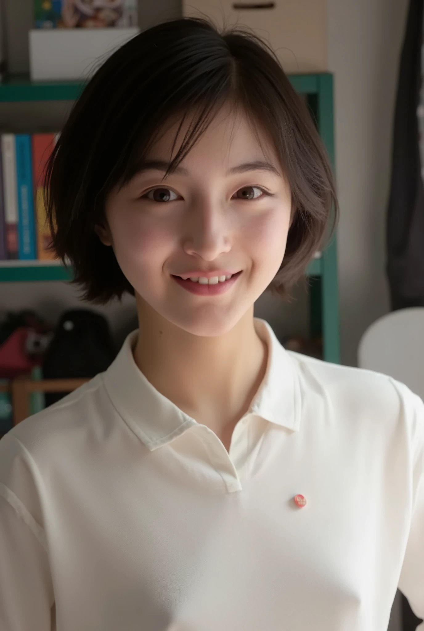 smile:2.0、 (super precise human body structure , Highest Quality 、 RAW photos、8k、32K、masterpiece、 realistic、 Photorealistic:1.37)、images of cute Japanese women removing items from shelves、 shot in natural light、 upper body、 1 girl on break day、photo mapping、 Physically Based Rendering、 excellent image quality、 high resolution、1080P、( beautiful face above the castle gate)、( face)、( Detailed description of the handsetter ' muscle area )、( CG Details )、 rich details 、( AMAZING FEATURES :1.35)、( detailed eyes)、I'm looking forward to seeing your eyes、Delicate clavicle、非常にリアルで詳細な若い女性の upper bodyポートレート。 Beautiful skin 、 頬に柔らかなLight is reflected ています.、 Extremely realistic and detailed upper body portrait of a young woman with fine pores and hair roots、 I can see even the thinnest blood vessels 。The skin is smooth、She has a natural flush to her cheeks 、Healthy glow。 eyes are big, clear blue、There is a fine pattern on the iris Mr. .There is、 Light is reflected 、It's shining in the eye。 I have a slight shadow under my eyes 、 Extremely realistic and detailed upper-body portrait of a、Naturally Curly。 Extremely realistic and detailed upper-body portrait of a young woman with gentle pink lips 、 Smooth texture that gives off a natural glow 、 The background is a pale black and white gradient、焦点は完全に顔と upper bodyに当たっている。 realistic shadows and textures、 Pictorial Description.。 The nipples are transparent、((very short hair))