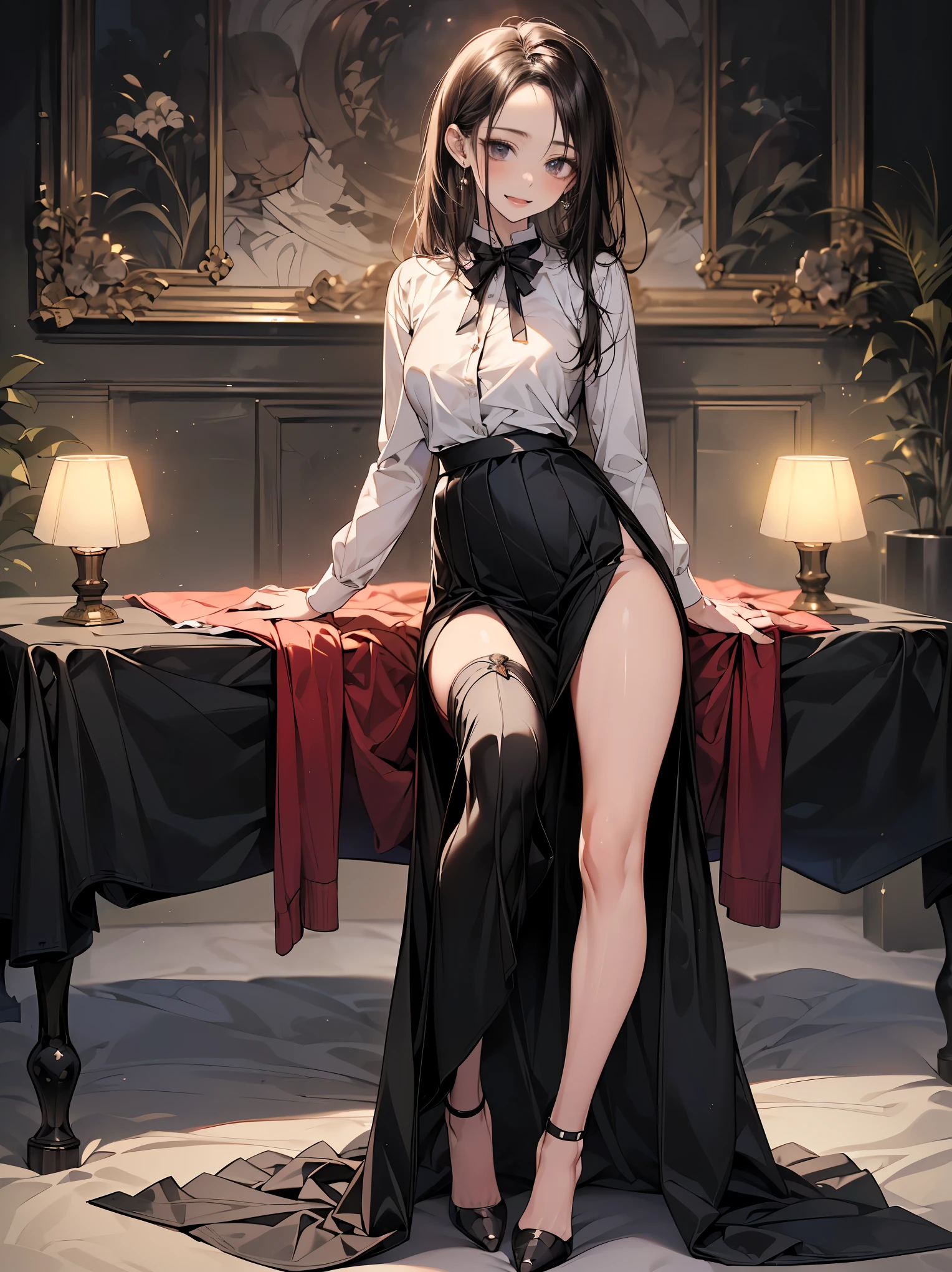 "(best quality,highres:1.2),buisness woman,smiling with confidence,black hair flowing,crossed legs,beautiful detailed eyes,sharp focus,professional attire,heels,tall stature"