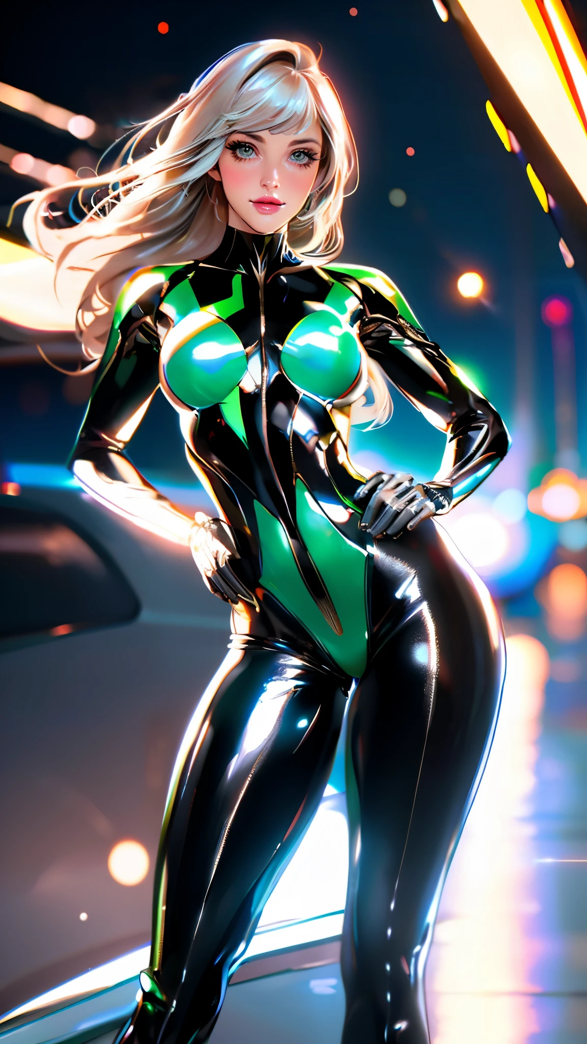 Samus aran beautiful blonde with super tight suit with big breasts and big hips the suit with low neckline in a neon futuristic city
