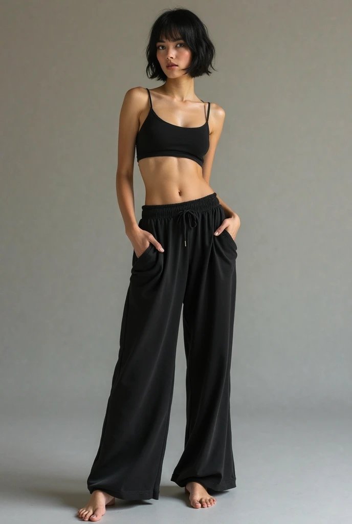 a woman wearing a baseball cap with a black top and sweatpants poses for a photo, black sweatpants, high waist sweatpants, black pants, cut out, black pants, Physicist : smallest belly ever, sport pants, classic vibes, female outfit, baggy black pants, casual outfit, 2 4 year old female model, Waist slender