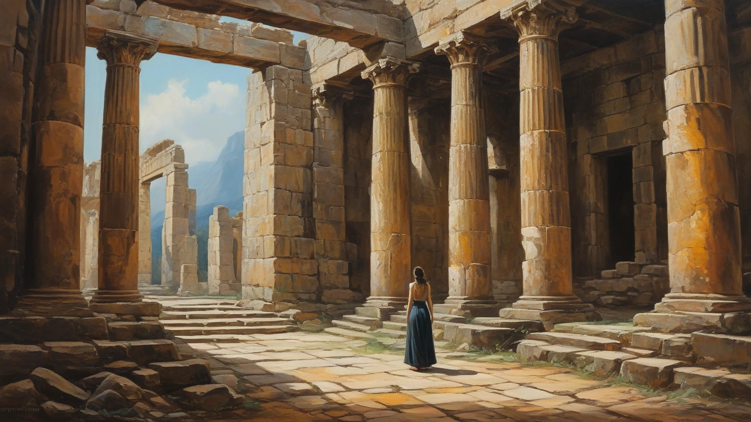 In an ancient temple belonging to a lost civilization. A beautiful princess stands naked and bound by her wrists between two pillars. Her arms are wide and her legs are spread. Tentacles reach toward her.