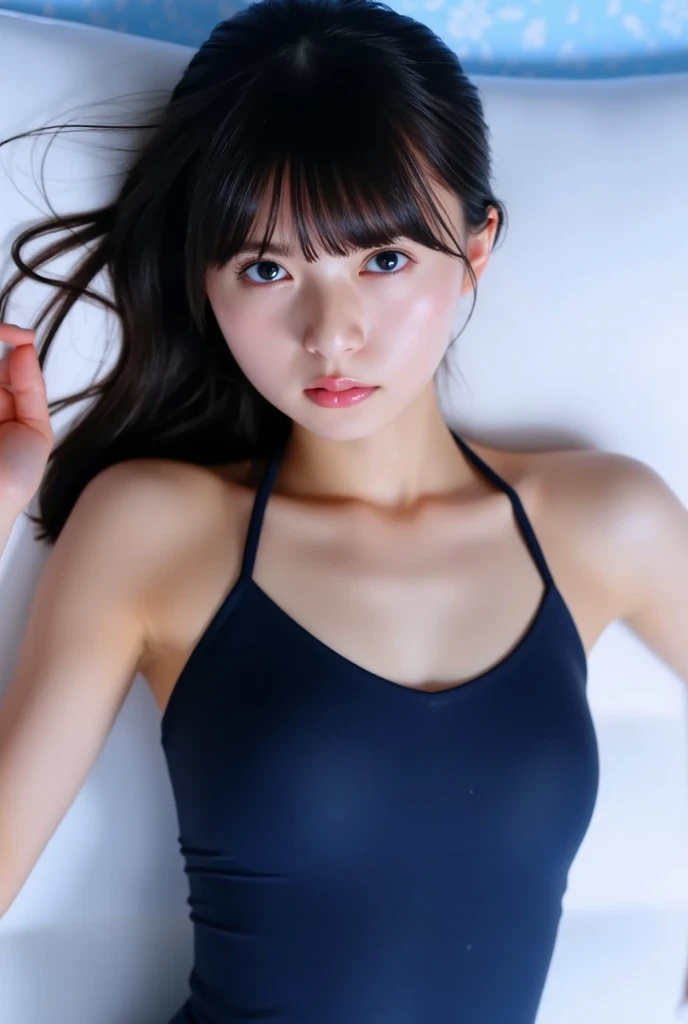 ((Browsing Caution))、((Browsing Caution))、girl,Japanese,high school girl，Has bangs,Pale Light,Glowing Skin、Cute hairstyle，(Spread your legs)，(Sweaty skin)，Navy blue school swimsuit，locker room，