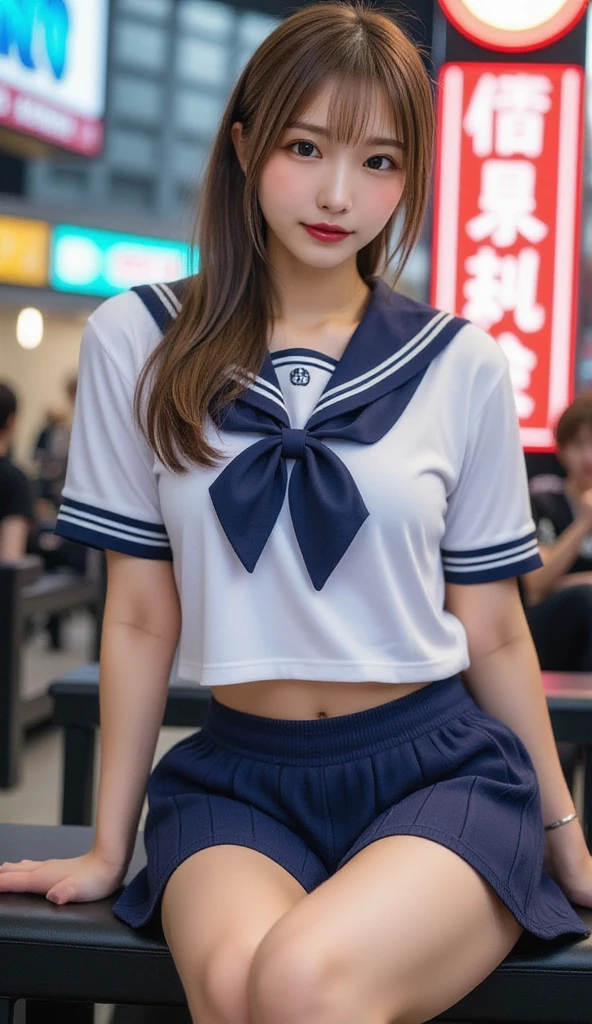 Sailor suit、She is taking off her navy blue skirt、Pulling down her skirt、White panties are visible、Short pigtails、Small breasts