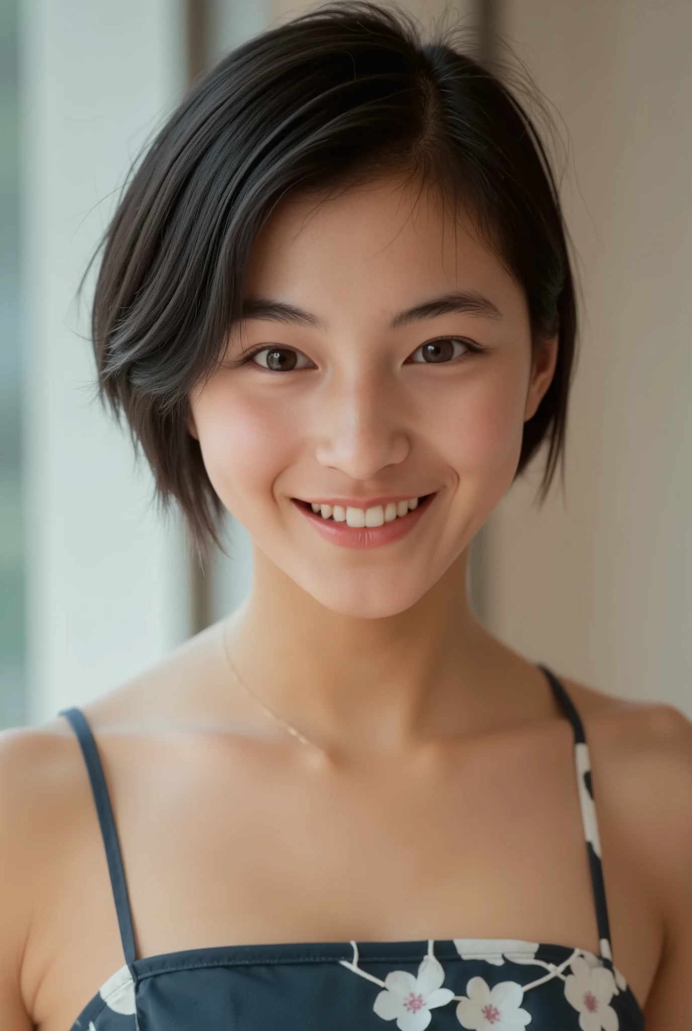 smile:2.0、 (super precise human body structure  ,  Highest Quality 、 RAW photos、8k、32K、masterpiece、 realistic、 Photorealistic:1.37)、images of cute Japanese women removing items from shelves、((camisole caught))、  shot in natural light、 upper body、 1 girl on break day、photo mapping、 Physically Based Rendering、 excellent image quality、 high resolution、1080P、( beautiful face above the castle gate)、(  face)、( Detailed description of the handsetter &#39; muscle area )、( CG Details )、 rich details 、( AMAZING FEATURES :1.35)、( detailed eyes)、I'm looking forward to seeing your eyes、Delicate clavicle、非常にリアルで詳細な若い女性の upper bodyポートレート。 Beautiful skin 、 頬に柔らかなLight is reflected ています.、 Extremely realistic and detailed upper body portrait of a young woman with fine pores and hair roots、 I can see even the thinnest blood vessels 。The skin is smooth、She has a natural flush to her cheeks 、Healthy glow。 eyes are big, clear blue、There is a fine pattern on the iris Mr. .There is、 Light is reflected 、It's shining in the eye。  I have a slight shadow under my eyes 、Extremely realistic and detailed upper-body portrait of a、Naturally Curly。 Extremely realistic and detailed upper-body portrait of a young woman with gentle pink lips 、  Smooth texture that gives off a natural glow 、 焦点は完全に顔とupper bodyに当たっている。 realistic shadows and textures、 Pictorial Description, The nipples are transparent、((very short hair))
