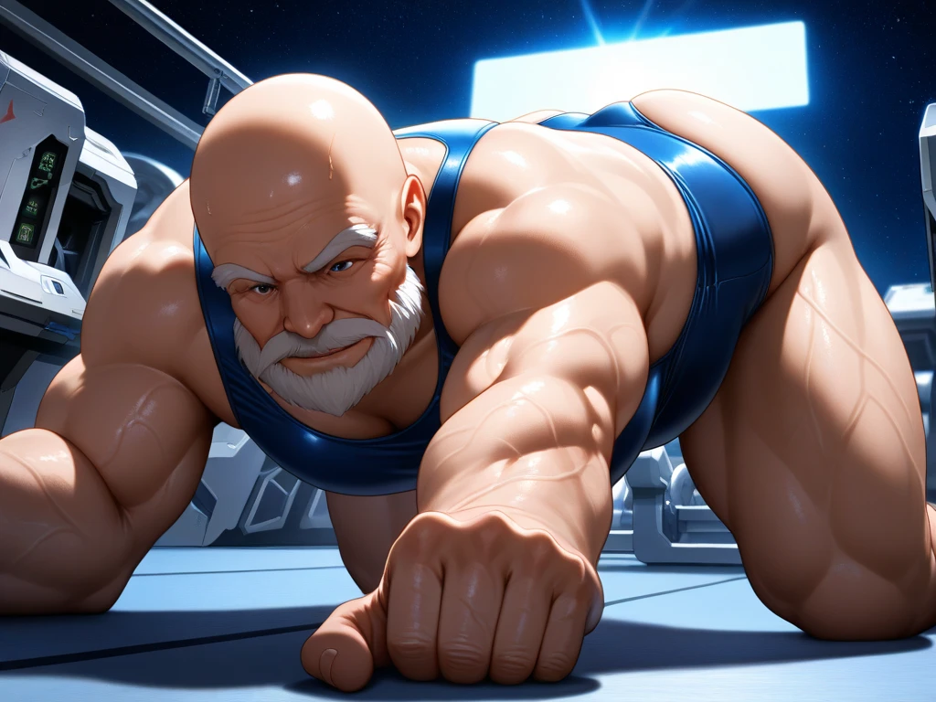 full body portrait, strong burly hairy mature older man(space captain), wearing futuristic captain's uniform insignia (neon and black) (open and revealing) (latex) , gray hair, broad shoulders, round belly, thick feet, bulging micro thong, barefoot, scifi spaceship captain uniform, neon lights, best quality elegant masterpiece, face looks like Tom Selleck (Magnum PI) , military buzzcut, dark mustache, gray stubble, latex, wearing a latex thong, big bulging crotch, futuristic gear equipment, wearing see through plastic chest armor (neon yellow and electric blue), wearing neon yellow see through chest armor, wearing electric blue latex chaps(see-through) , wearing cool neon sneakers,in spaceship cockpit, lying in spaceship sleeping quarters(bed) (view from above), smiling with teeth showing, nicebulge, waiting in bed, glowing armor, legs up(!) and spread(!) , big muscle ass, wet and dripping ass, visible asshole(!) , wet asshole, hairy pecs, thick long legs, silver hair