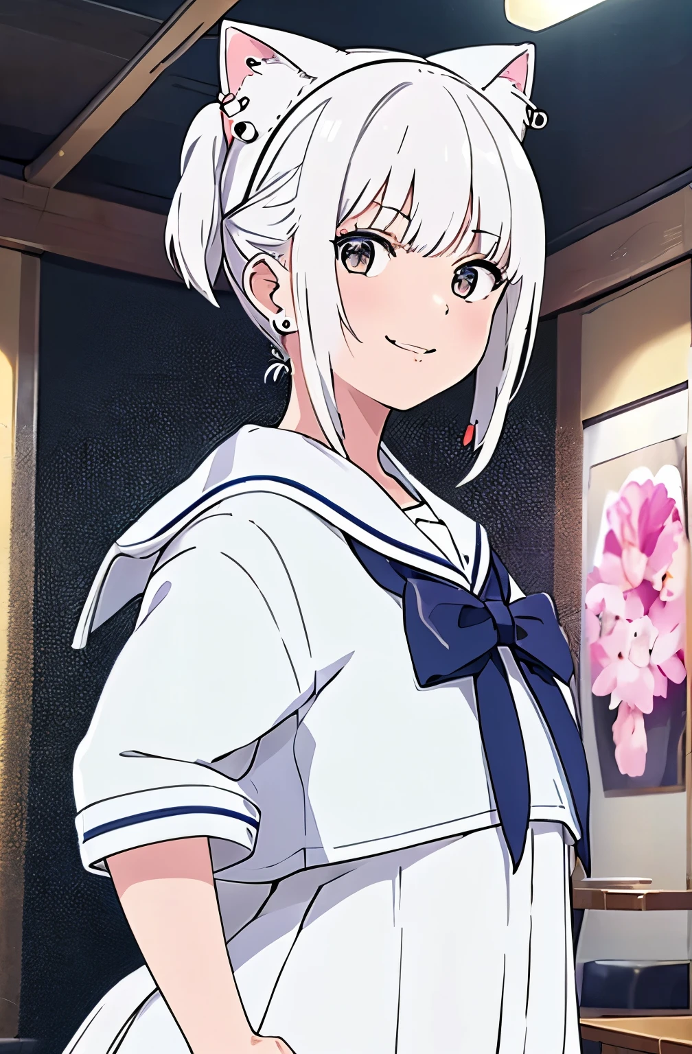 1 girl, Japanese high school girl, ((uniform, sailor suit)), (Walking the streets of Shibuya), (white cat ear headband with earrings),((smiles))masterpiece, Highest Quality, Highest Quality, Movie Lighting, ( Stereo lighting ), extremely detailed CG unity 8kの壁紙, Concentrated, extremely detailed, is overexpressed , Photorealistic, sharp concentration in nude clothes,  absurd, (high resolution:1.2), (high contrast), photo volume unblock, Detailed and Complicated, Instagram, Portrait, Very Detailed, digital painting, Art Station, concept art with a bit of rock,  smooth, sharp concentration in nude clothes, Illustrations, Movie Lighting, Staring at Viewers, (standing), ((Hipshot:1.6))