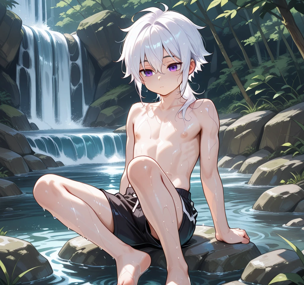 masterpiece, best quality, high quality,  1boy,10yo, , duo, male focus, full body, looking at viewer, white hair,spiky hairstyle, short hair, steam smork, japan style,  anime coloring, shy, home muji style, detailed face, topless, white towel on waist,white silk, outdoor, sweat, open legs