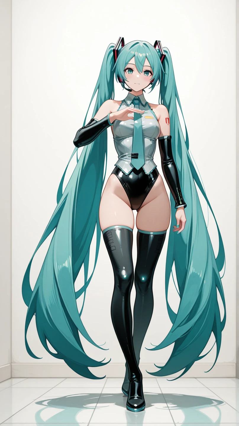 ((Hatsune Miku)), sexy outfit, twintails, high-leg leotard, knee-high socks, high heels, ((race queen)), ((race circuit)), Mercedes-Benz AMG GT3, cute pose, high quality, high resolution, anime illustration