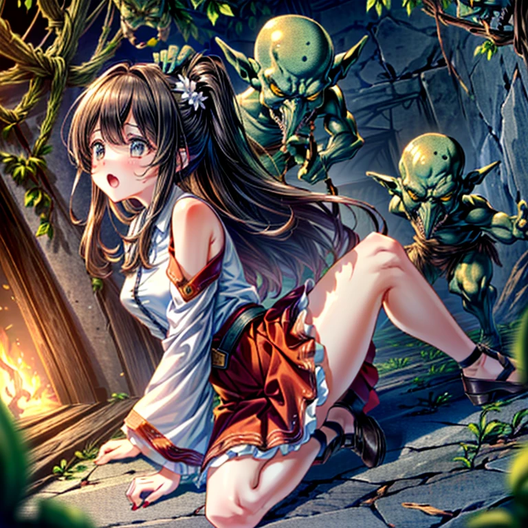 masterpiece, goblinriding, a goblin is riding a girl, goblin, mutiple goblins, goblins, (all fours), 1girl, (naked:1.1), (nose hook), reins, collar, chain, rope, obey, happy trance, smile, hair ornaments, small breast, expressionless, emotionless, blank eyes, empty eyes, mind control, sawatari_fuu, brown hair, brown eyes, short hair, apocalyptic background, (((drinking piss, drink piss)))