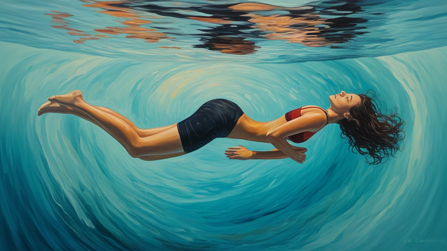 Monet's Impressionist painting, a girl in swimwear, floating in a highly transparent shallow tropical sea, doing breaststroke, her shadow is reflected on the white ocean floor