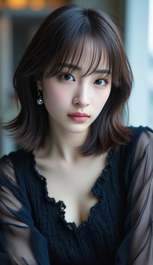 highest quality, shape, Very detailed, finely, High resolution, 8k wallpaper, 完璧なダイナミックな構shape, 美しくてBeautiful Eyes,Short Bob Hair、Big Breasts、Natural color lip, Bold sexy pose、smile、Adult female 30 years old、美shape、ear piercing,Adult sex appeal、Subjects striking sexy poses for the camera,Sculpture model pose,((リアルなillumination, highest quality, 8k, masterpiece: 1.3)), Clear focus: 1.2, 1 girl, Perfect body beauty: 1.4, Slim Abs: 1.1, ((Dark brown wavy hair, Hair inner color blue,Messy Hair,Big Breasts: 1.3)), (Finished with body paint,Transparent dark brown paisley patterned rider suit: 1.4), (Black background, illumination: 1.1),Body Paint Dresses, whole body, Long legs, Very detailedな顔, Beautiful Eyes, double eyelid,"Please randomly select one of the camera angles below:: Back view, whole bodyショット, Front view, Or a low angle shot."