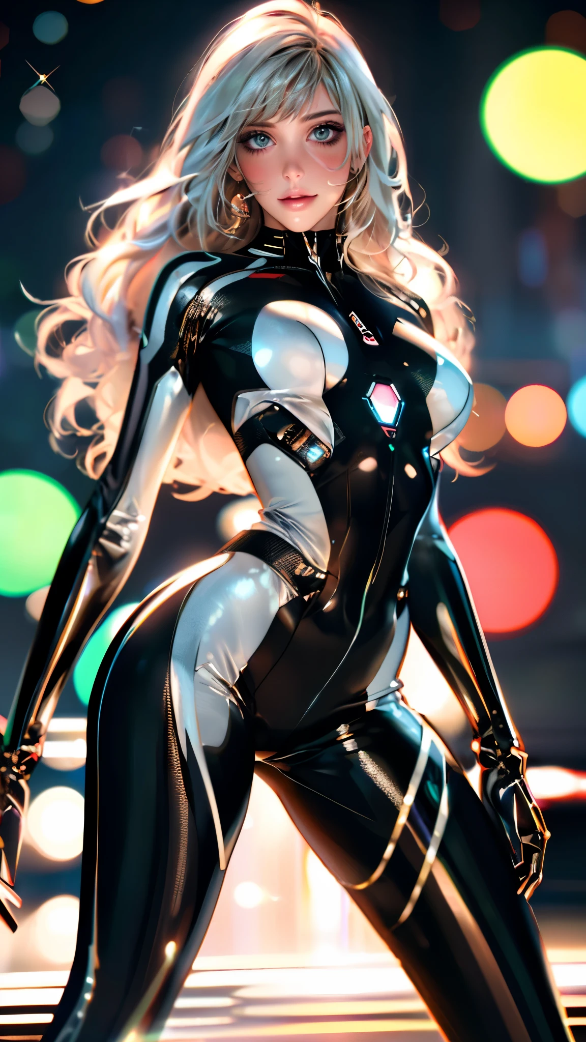 masterpiece, best quality, a beautiful woman with long shiny hair, choppy bangs, delicate face, passionate gaze, perfect smille, blush, seductive expression, tall and fit figure, perfect body, perfect skin, seductive pose, sexy Futuristic Technological Nanogel Clothing, the color scheme is primarily White with Green accents, this character embodies a finely crafted sexy beauty, exquisite and mature art style, goddess, feminine, exquisite photography, depth of field, bokeh, photorealistic, even and soft lighting on face, dramatic, high definition, highres, ultra detailed, professional photo, perfect body proportions, anatomically correct, symmetrical face, extremely detailed eyes and face, perfect eyes, high quality eyes, creativity, RAW photo, UHD, 32k, portrait lighting, cinematic lighting, (masterpiece-anatomy-perfect:1.2)