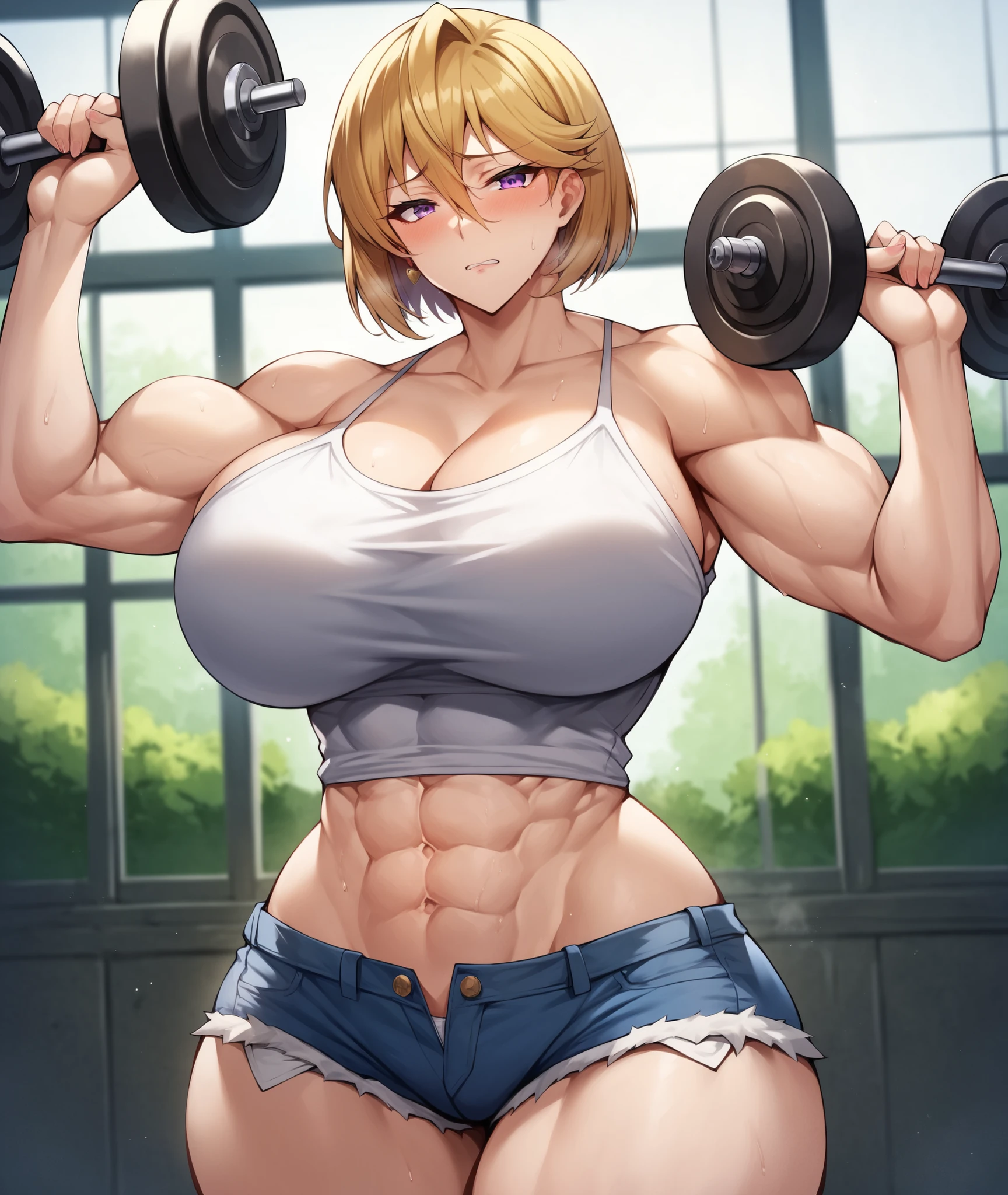 There is a blonde woman with short hair standing in a gym, wears a gym top and a tight mini shorts, (muscular), (muscular thighs), (strong legs), ((huge breasts)) , muscular!!, strong arms, (female and muscular), strong pose, legs and arms, strong body, muscles, muscular body, strong and muscular, fit girl, big muscles, muscular!, muscular legs, muscular!! science fiction full body --auto --s2