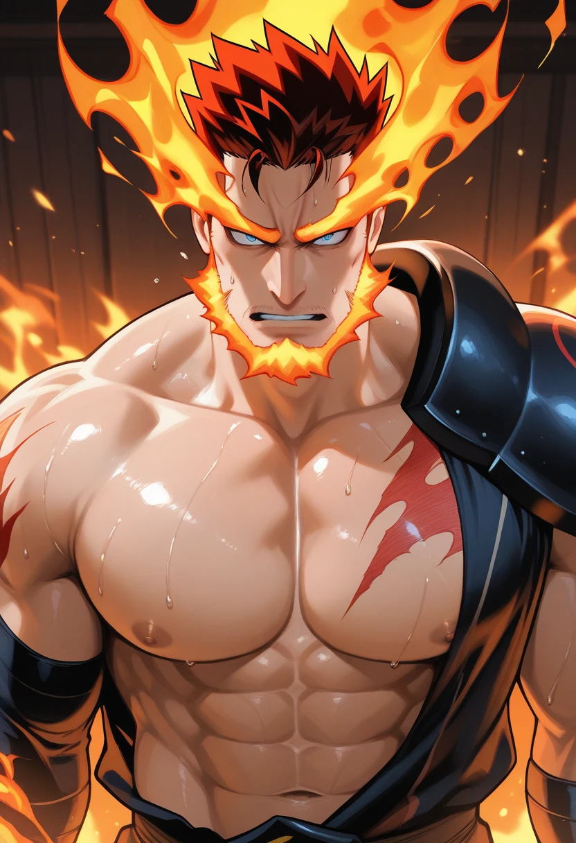 A Slayer of Kimetsu no Yaiba with a muscular and imposing appearance, possessing vibrant orange hair reminiscent of burning flames with magma breathing
