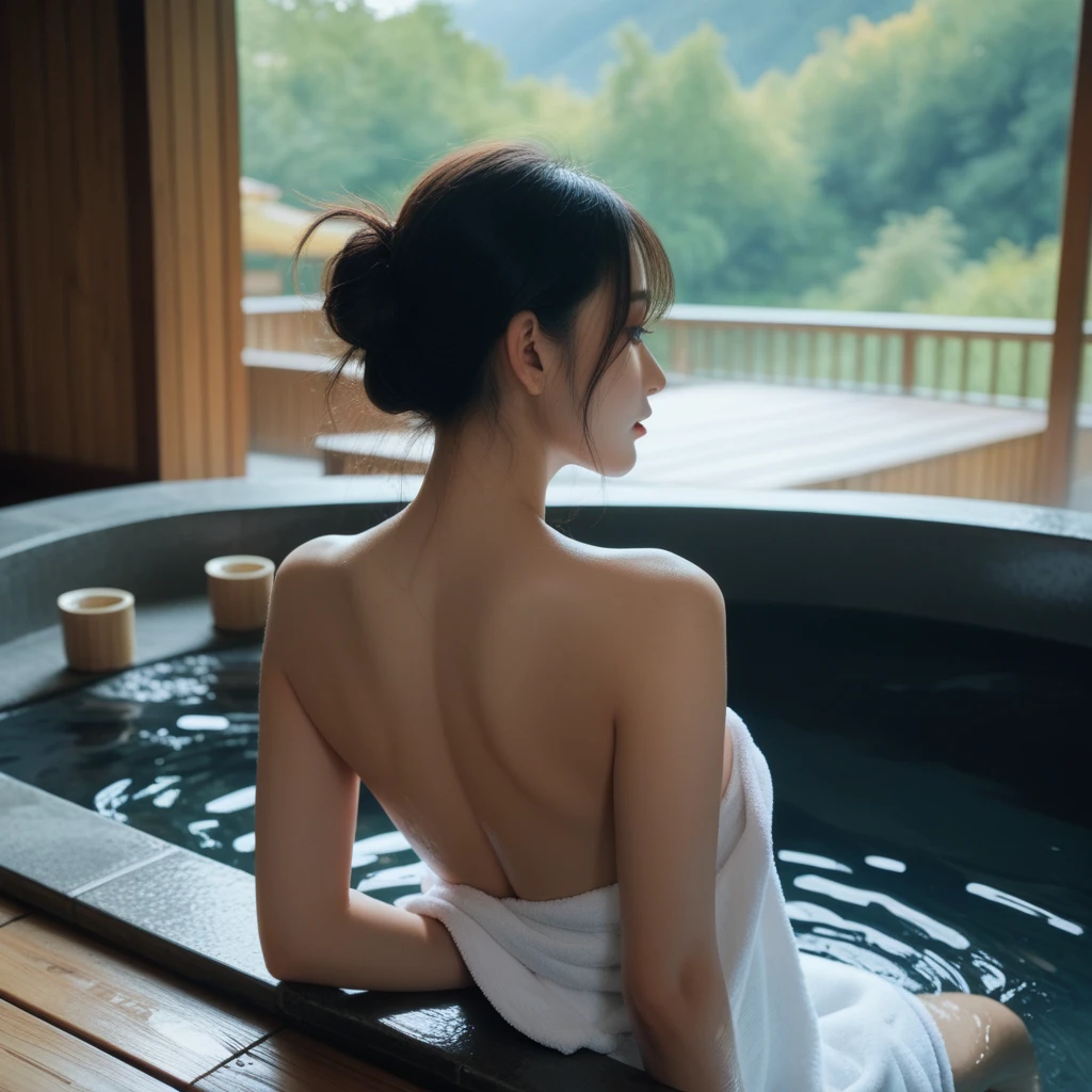 Ancient China Tang Dynasty, a naked woman standing in a wooden bathtub in a room Ancient China Tang Dynasty, a naked woman standing in a wooden bathtub in a room, with a maid waiting to put on a white robe from behind.