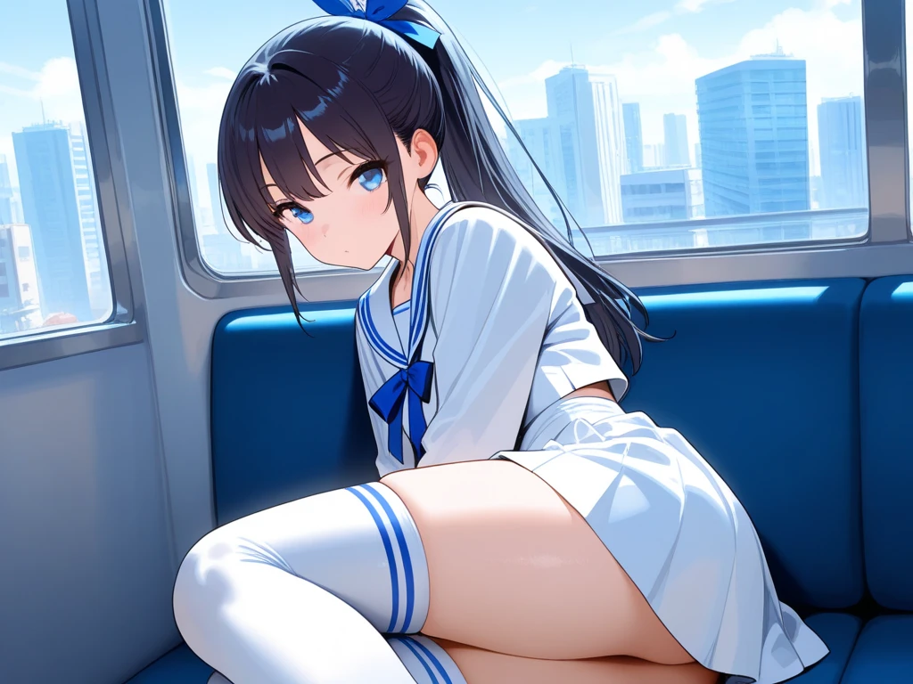 (highest quality), (masterpiece), 1080P, HD, 4K, 8K, thigh strap, Shot from your feet, spread legsしてしゃがむ, straddle, spread legs, raise your hand, put up two fingers, White sweat, Covered in , sweaty, wet woman, light blue panties, lace panties, Notice this, summer clothes, school uniform, 16 years old, Medium chest, nipple, whole body, black leather shoes, ear hair, troubled face, crying face, tears, mole, black hair medium, train