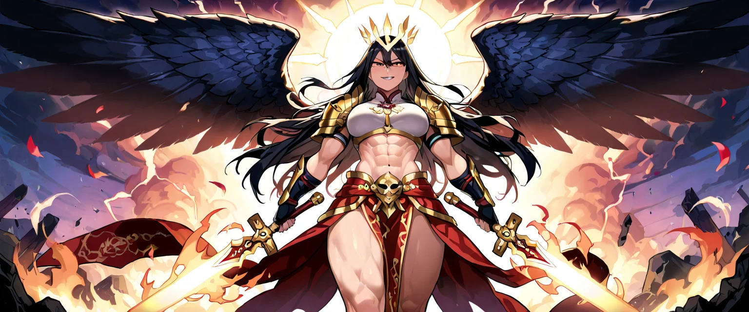 a woman with a greatsword and barbarian winter clothes, muscular barbarian women, barbarian character design, female barbarian, high quality character design, comic character design, rpg character, extremely pale, muscular woman, black hair, screaming barbarian rage, angelic aura, wings made of fire, battle pose