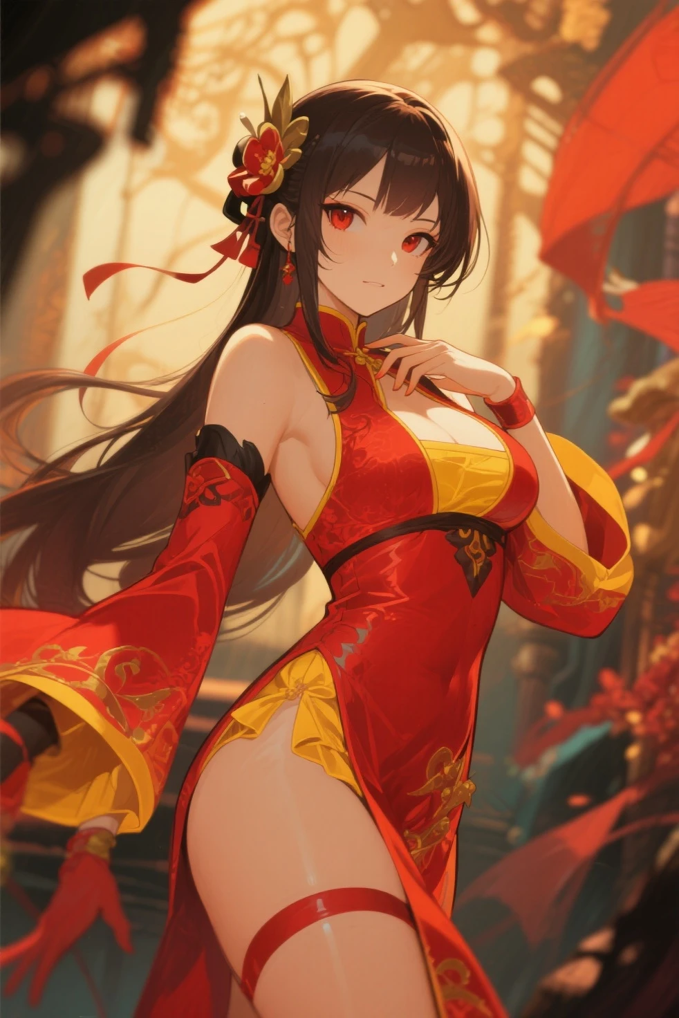 (((depict young girl))), long brown hair, straight hair, brown eyes, Chinese jewelry, sexy pose, small breasts, shy, focused, (nice hips), (show hips), (open hips), (((ftight chinese dress))), red dress, (no underwear), (show breasts), (shape of the nipples), (((Masterpiece, Excellent, complex details))), (delicate girl), (delicate face), make up, red lipstick