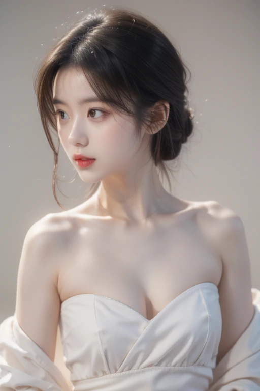 30 year old woman, strapless dress, beauty age, highres, woried expression, detail body, detail face, expressive face, expressive eye,