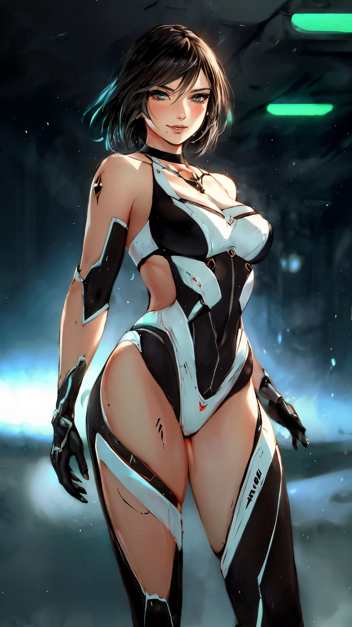 masterpiece, best quality, a beautiful woman with long shiny hair, choppy bangs, delicate face, passionate gaze, perfect smille, blush, seductive expression, tall and fit figure, perfect body, perfect skin, seductive pose, sexy Futuristic Technological Nanogel Clothing, the color scheme is primarily White with Green accents, this character embodies a finely crafted sexy beauty, exquisite and mature art style, goddess, feminine, exquisite photography, depth of field, bokeh, photorealistic, even and soft lighting on face, dramatic, high definition, highres, ultra detailed, professional photo, perfect body proportions, anatomically correct, symmetrical face, extremely detailed eyes and face, perfect eyes, high quality eyes, creativity, RAW photo, UHD, 32k, portrait lighting, cinematic lighting, (masterpiece-anatomy-perfect:1.2)