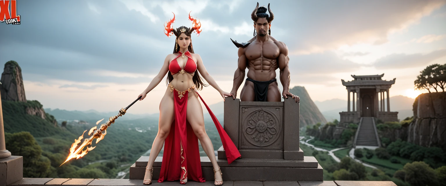 Angry dragon with a woman dressed in the sun ,and in his arms are the tables of the law