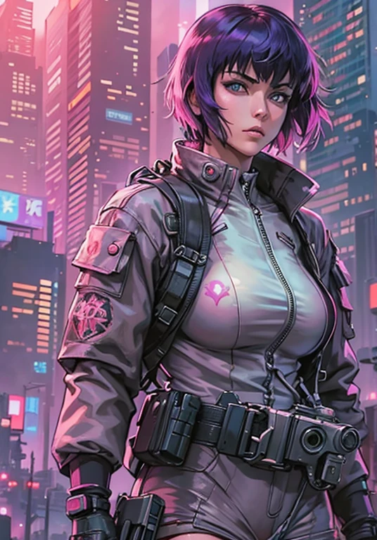 Kusanagi, ghost in the shell sitting on edge of building backdrop neon signs high quality