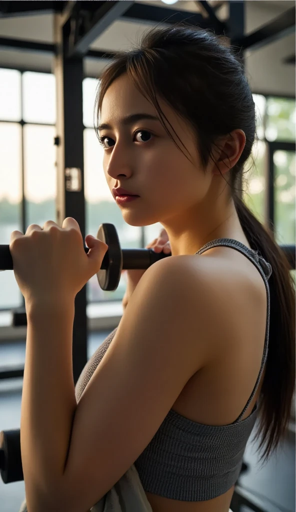 Highly detailed CG Unity 8k wallpaper, top quality, super detailed, masterpiece, realistic, photo realistic, very detailed girl, 30 years old, muscles, abs, round eyes, viewer, blush, parted lips, semi-body shot,
Sportswear , Gym , (Crawling on all fours), Short hair