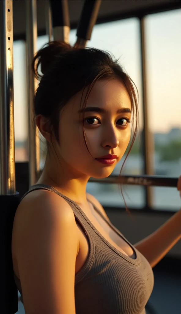 ((best quality)), ((masterpiece)), (detailed), perfect face super small bra big boobs  gym workout super detailed face super realistic Elsa hairstyle curvy body super fake big lips red lipstick 