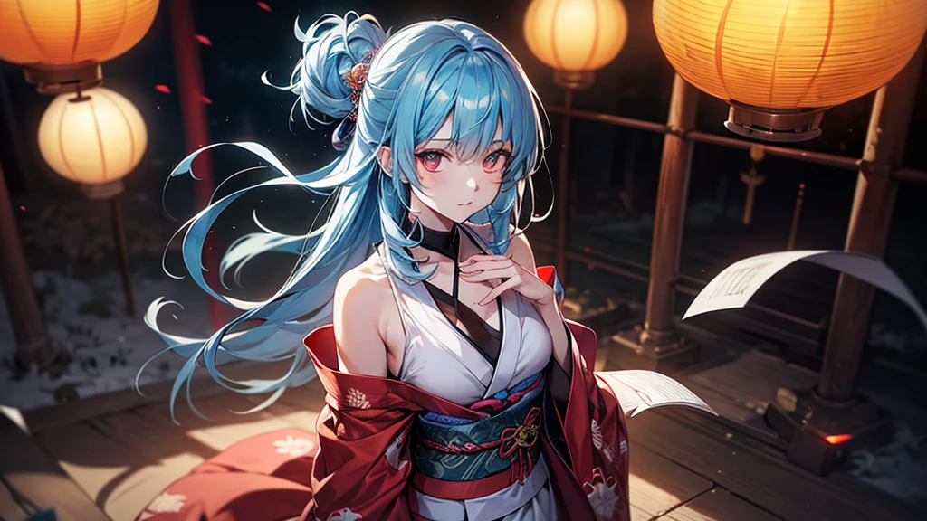adult lady,Huge breasts, a moon, paper lanterns, natta, 独奏,, hair adornments, Kimono, Komono, playing in the water, Eau, Hair Flowers, florals, plein air, Skysky, fullmoon, Sateen, A dark-haired, off shoulders, mont, clouds, Hugged, sash, bare shoulders, paper lanterns, is standing, White kimono, nigh sky, sideboob barbosa, Obi, bangss, The tree, From Side, Reflectors, shorth hair, cloudy ash sky, wetting hair (((masterpiece),(the Extremely Detailed CG Unity 8K Wallpapers)、top-quality、电影灯光、细致背景、beatiful detailed eyes、Bright pupils、(extremely delicate and beautiful)、(Beautiful and detailed eyes description)、ultra-detailliert、masterpiece、((lightsmile、(Drunken eyes,コック痴女,red blush))),