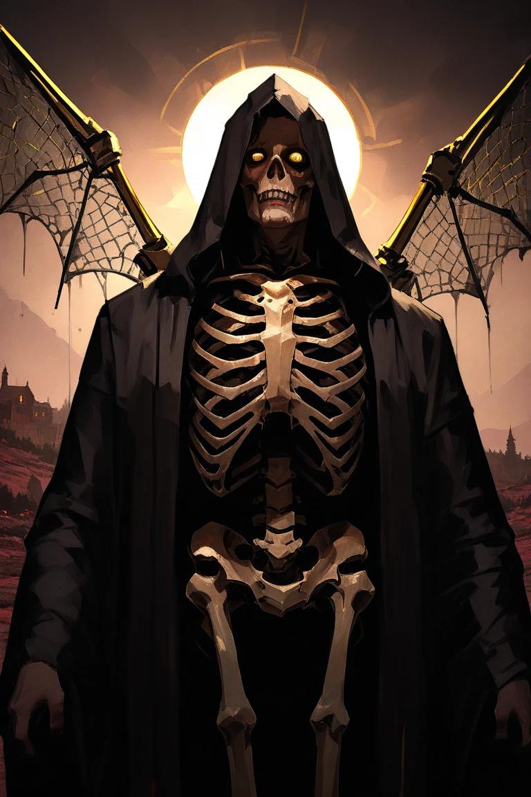 ((masterpiece)),((best quality)),((high detail)),((realistic,)) ((ultra detailed)) an obscure being imprisoned with skull face, in a medieval prison, chains on his body, madman's smile, extremely black dark circles, medieval, rock prison, a small window illuminates the environment, horror, sinister, colorful environment.