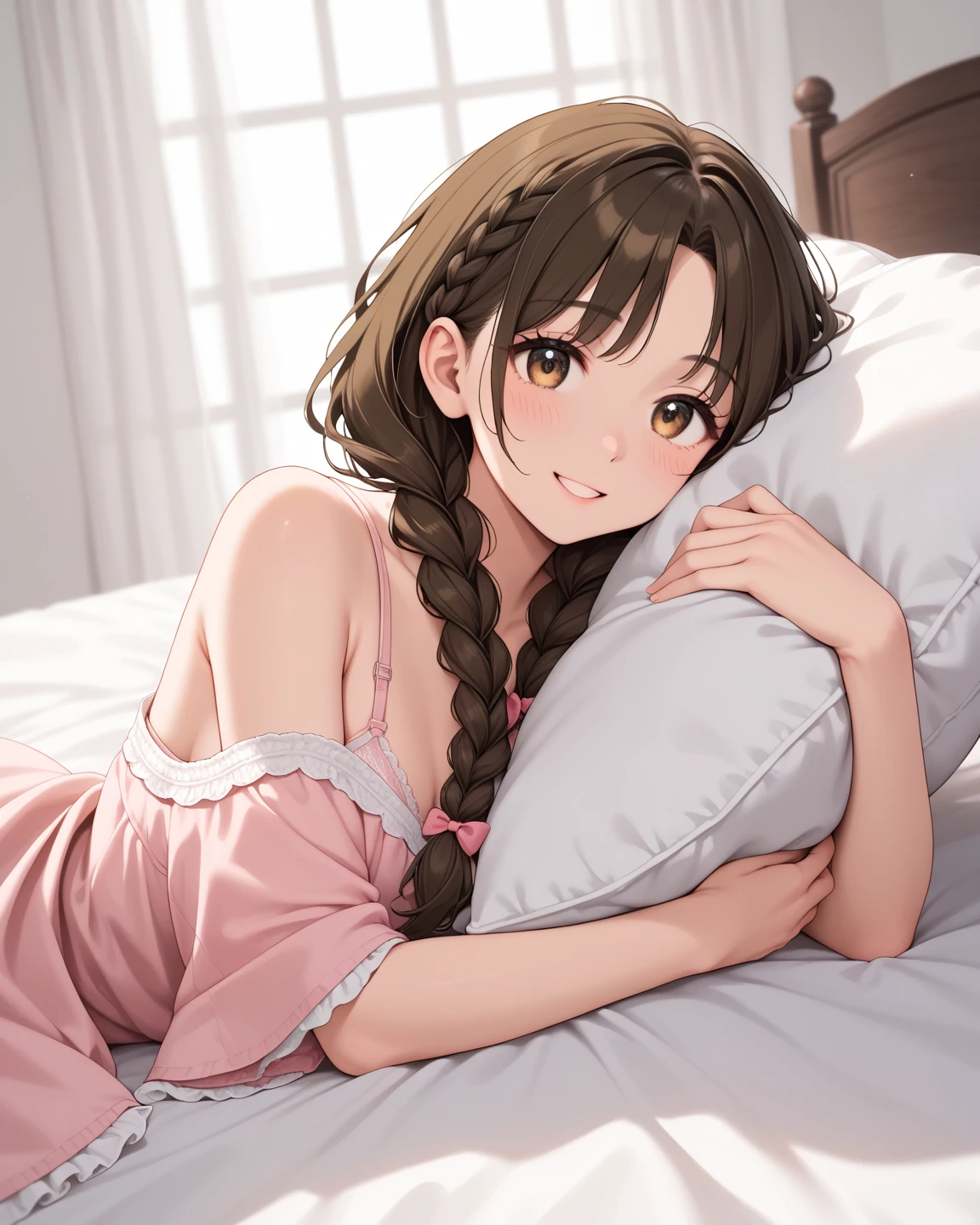 (Brown hair:1.3),(Braided shorthair:1.3),(With bangs),(Brown eyes:1.3),(Eye size:1.6),(My eyes are shining like stars:1.25),(Relaxed face),(gentle smile:1.2),(Sister sitting:1.3),(A girly room with lots of cute flowers:1.5),(Colorful flowers:1.45),(botanical pattern bed:1.35),(Sitting on the bed:1.35),(Slightly slouched:1.3),(Tilt of the neck:1.5),(Warm room socks:1.3),( closeup),Slight red tide,(close up of face:1.6),(long sleeve loungewear:1.45),(Stretching out both arms:1.5),(Hurray Pose:1.4),
