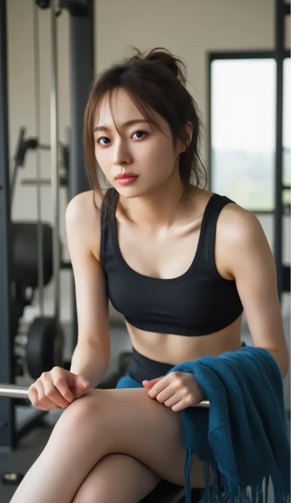 best quality, 8k, highly detailed face and skin texture, high resolution, sexy japanese girl in sports bra and yoga pants at gym, full body, sharp focus