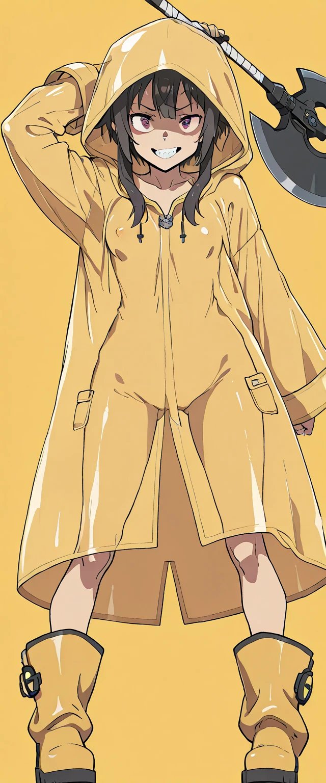 NSFW, Yellow hood raincoat, 1 teen girl,Front view,naked, barefoot,Accentuates the raincoat gel texture,open raincoat, rain, Accentuates the translucent texture of the raincoat, beautiful body