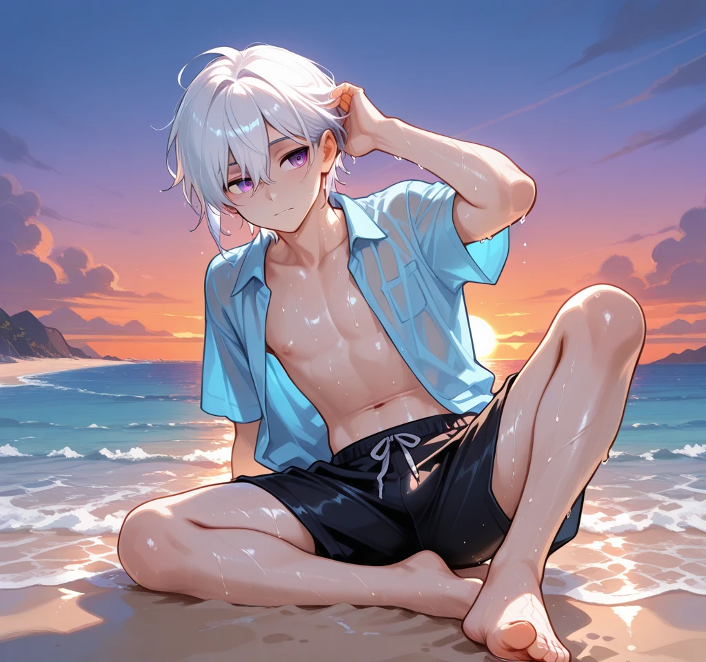 (absurderes, A high resolution, Ultra detailed, hdr), Masterpiece, Best quality, 1boy, Solo, Handsome, Short hair, I((Numagi Toga)), White hair, Closed mouth, Open shirt, swim trunks, beach, Clear sky and horizon, Sunny, ventania, From the side Side,(The barefoot),((from below))