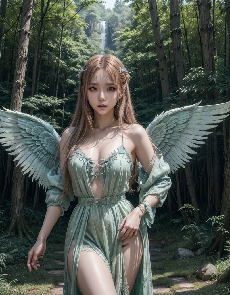 Photos of 20-year-old Finnish fairy wearing gorgeous clothes (Margaret embellished dress:1.2) big breasts and big breasts (Delicate fairy wings:1.2), Grinning, (looking at the camera in:1.1), (Sateen:1.1), on forest path:, standing proudly by his door, by Ghibli Studio, On the table, The barefoot, (natural  lightting:0.8), 8K, ((actual)), F/1.1, , keen-eyed forest、Cover the navel、Hide breasts、(Beautiful curves)femele(Flawless skin:1.11)big breasts and big breasts(tit:1.1)、A smile、FULL-BODY ESBIAN、Beautiful standing figure、