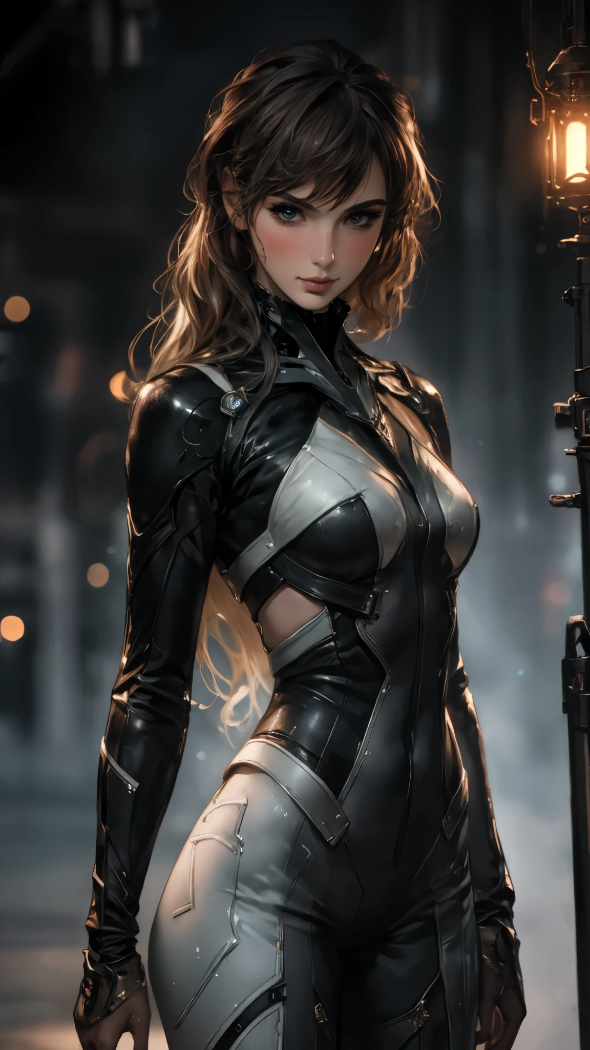 masterpiece, best quality, a beautiful woman with long shiny hair, choppy bangs, delicate face, passionate gaze, perfect smille, blush, seductive expression, tall and fit figure, perfect body, perfect skin, seductive pose, sexy Futuristic Technological Nanogel Clothing, the color scheme is primarily White with Green accents, this character embodies a finely crafted sexy beauty, exquisite and mature art style, goddess, feminine, exquisite photography, depth of field, bokeh, photorealistic, even and soft lighting on face, dramatic, high definition, highres, ultra detailed, professional photo, perfect body proportions, anatomically correct, symmetrical face, extremely detailed eyes and face, perfect eyes, high quality eyes, creativity, RAW photo, UHD, 32k, portrait lighting, cinematic lighting, (masterpiece-anatomy-perfect:1.2)