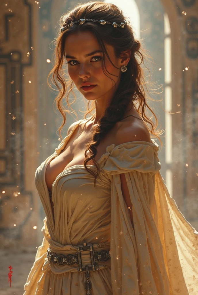 modelshoot style, (extremely detailed CG unity 8k wallpaper), full body SHOT photo of the most beautiful sci-fi artwork in the world, (Emmy Rossum), ((medium breasts)), (perfect face), (pretty face), on sci-fi bed in short semi-transparent nightgown, in a strange alien spacecraft, light in camera, wind, , deep neckline, no bra, no panties, nipples throw material, window behind full of light, [orion constellation is seen through the window], shadowed eyes, professional majestic oil painting by Ed Blinkey, Atey Ghailan, Studio Ghibli, by Jeremy Mann, Greg Manchess, Antonio Moro, trending on ArtStation, trending on CGSociety, Intricate, High Detail, Sharp focus, dramatic, photorealistic painting art by midjourney and greg rutkowski