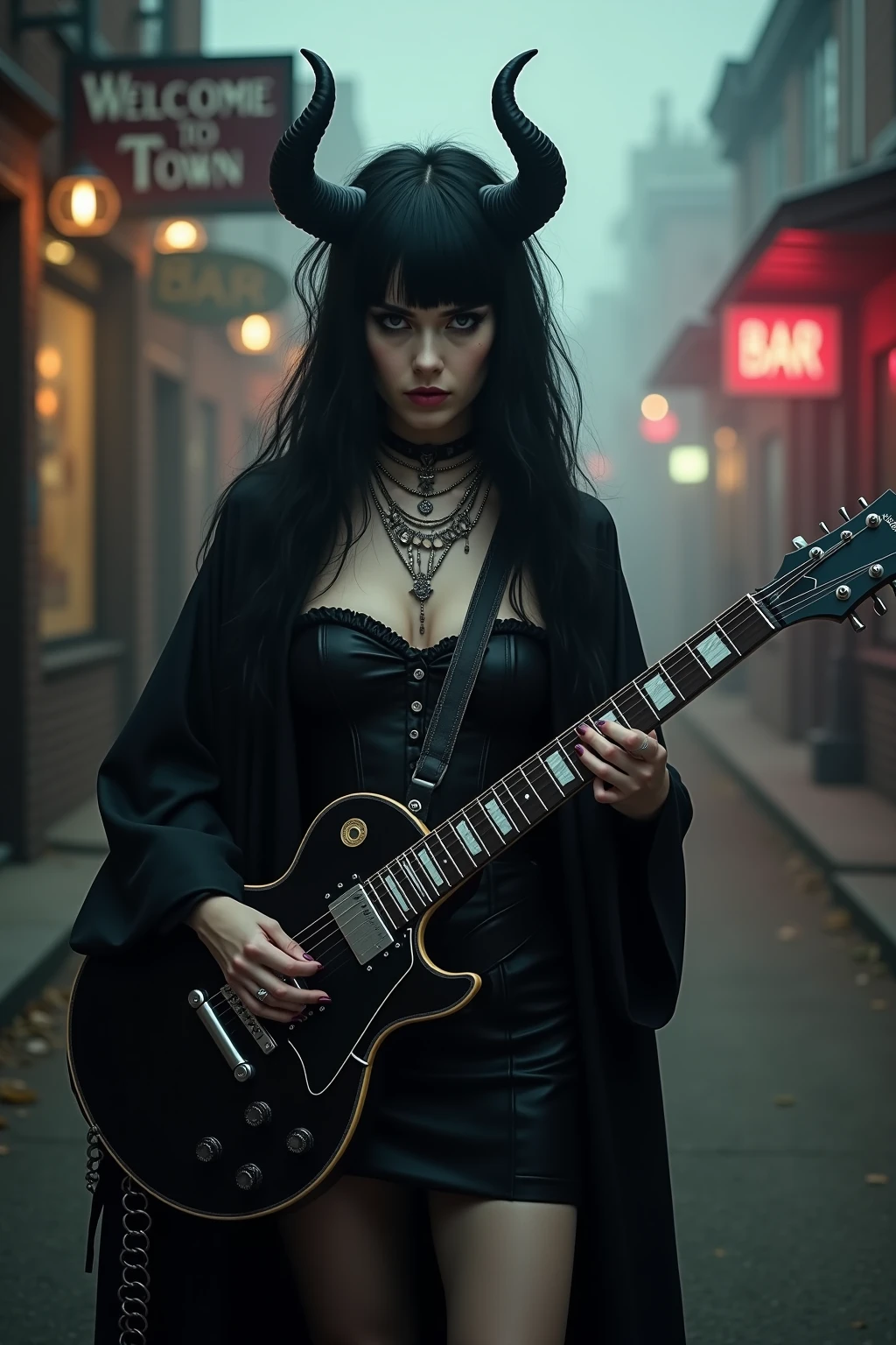  a  buff tall emo pale witch gothic angry woman in witch hat, black velvets, lace, fishnets and leather tinged with scarlet or purple, accessorized with tightly laced corsets, gloves, platform boots and silver jewellery depicting occult themes wicked smile evil smirk shredding guitar with swagger with  glowing hex circle magic infusion design  , depicting occult themes, 