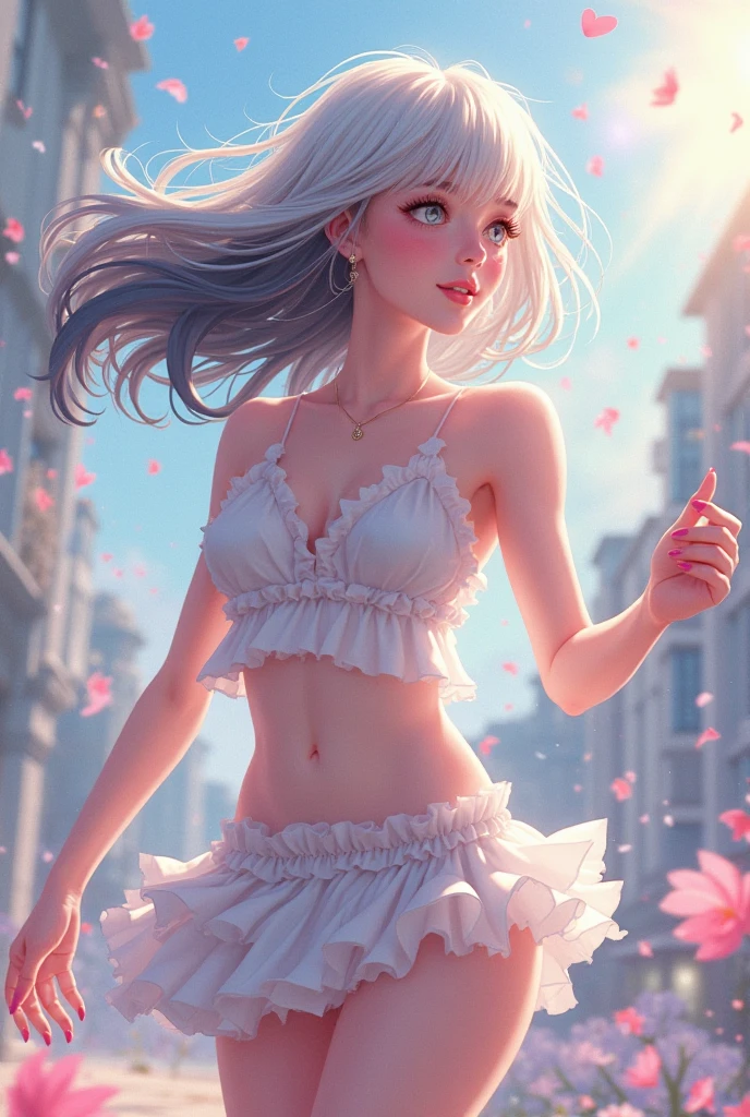 realistic, 1girl, white hair, Blue eyes, glowing eyes, skin tight sports bra, Loose pink skirt, white pantyhose, parted lips, blush, night, flowers, sun, sunlight,