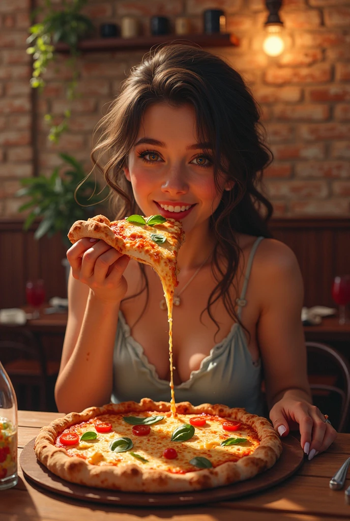 Cuisine, A smiling woman wears a dress made of pizza as she lays on a table, rich deep colors, intricate artwork, masterpiece, vibrant, ultra high quality model, improve eyes, cinematic, 4k, epic, sharp focus, 4k resolution blade runner